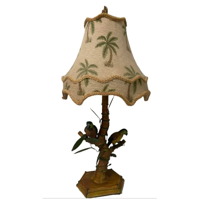 Brown Mid 20th Century Mario Lopez Style Palm Beach Table Lamp Silk Shade For Sale - Image 8 of 9