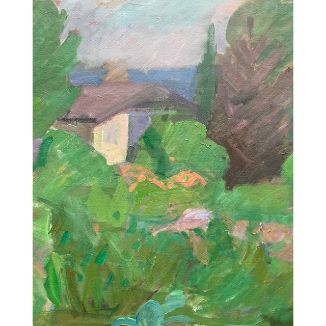 Green 1970s Oil on Cardboard Summer Garden Landscape by Swiss Artist Kaspar Ilg For Sale - Image 8 of 10