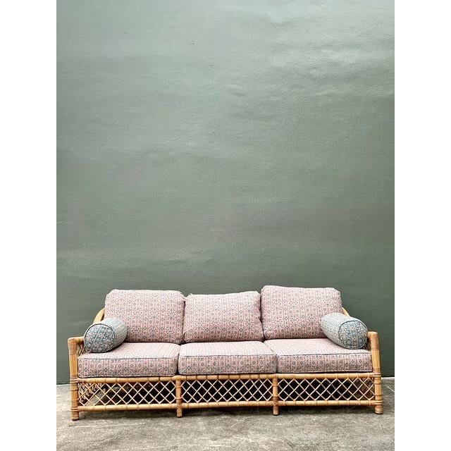 Wood Vintage McGuire Trellis Sofa in Sister Parrish Upholstery For Sale - Image 7 of 12