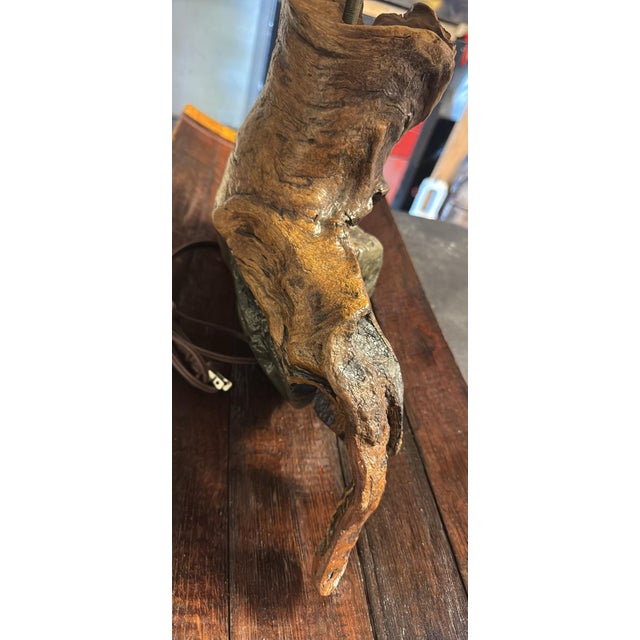 Mid-Century Modern Large Mid-Century Studio Craft Burl Root & Unakite Stone Lamp With Organic Fiber Shade — 16” For Sale - Image 3 of 17