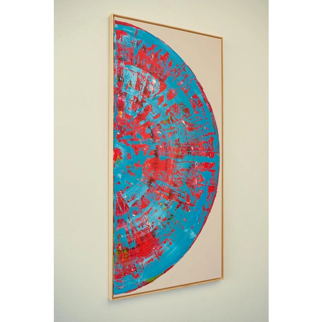 Textile Cyan Red Circle Diptych, Contemporary Painting on Canvas, Framed For Sale - Image 7 of 12