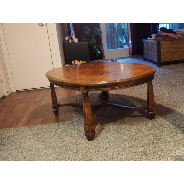 Traditional 1950s Vintage Heritage / Heritage-Henredon Oval Parquet Coffee Table - Walnut Veneer, Stretcher Base For Sale - Image 3 of 7
