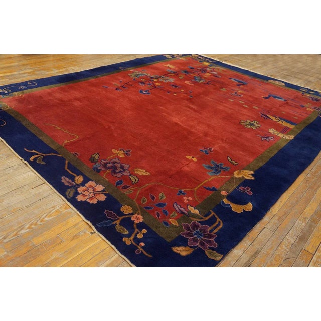 1920s Red Rustic Swan Floral Antique Chinese Art Deco Carpet 9' X 11'10" Knotted Wool Rug For Sale - Image 4 of 12