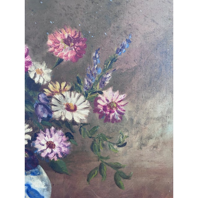 Vintage Original Floral Oil Painting With Blue and White Vase For Sale - Image 12 of 15