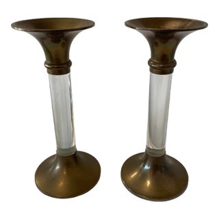 Pair of 1980s Lucite and Brass Candlesticks For Sale