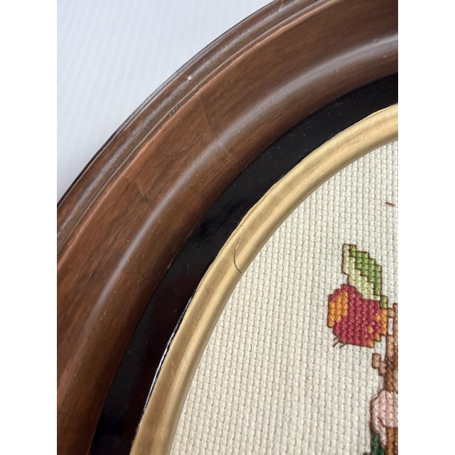 Vintage Needlepoint Girl & Boy In Antique Oval Deep Wood & Gold Frames For Sale - Image 12 of 16