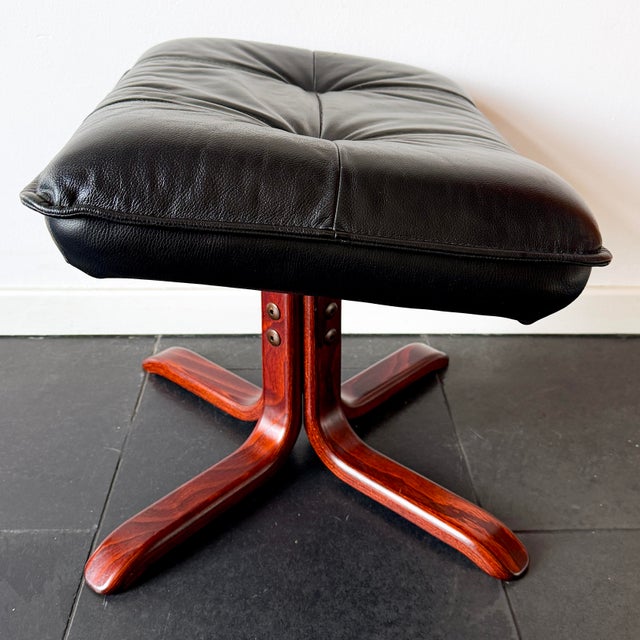 Vintage Lindos Black Leather and Wood Ottoman from Ikea, 1997 For Sale - Image 6 of 15