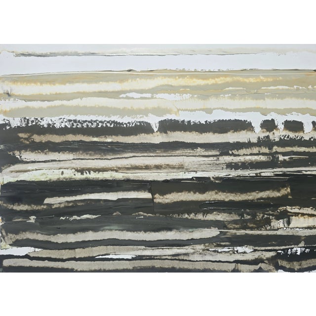 Wood 35.4' X 27.6' High End Shadow Box Framed Contemporary Neutral Color Palette Abstract Seascape / Landscape Original Oil Painting | Color Field For Sale - Image 7 of 9