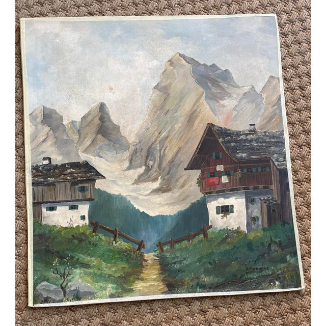 Rustic European 1940s European Alps Oil Painting on Old Advertisement Board For Sale - Image 3 of 11