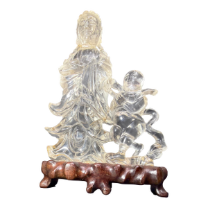 Antique Hand Carved Chinese Guan Yin Child Clear Rock Crystal Sculpture Statue