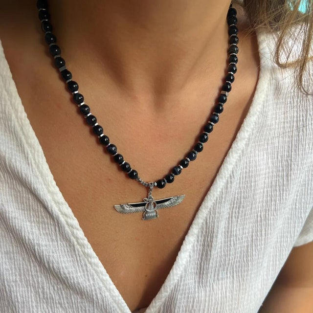 Guardian Angel Faravahar Pendant Black Tourmaline Beaded Necklace For Sale - Image 4 of 12