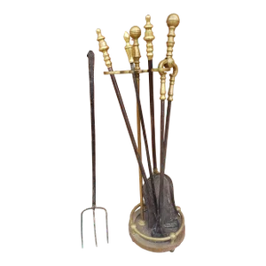 Six-Piece George III Cast Brass and Iron Fireplace Tool Set