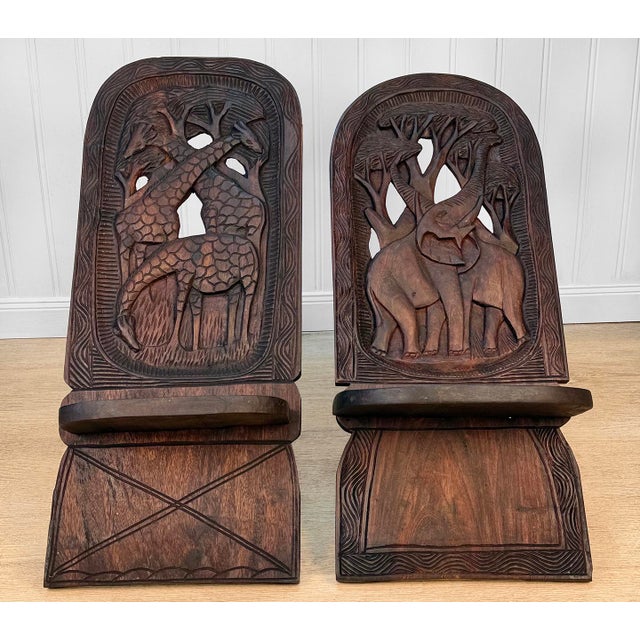 Late 20th Century Vintage African Mahogany Elephant & Giraffe Carved Slipper Chairs - A Pair For Sale - Image 5 of 12