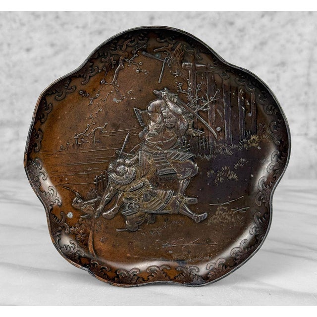Japanese Antique Japanese Meiji Copper Samurai Warrior Catchall Dish For Sale - Image 3 of 6