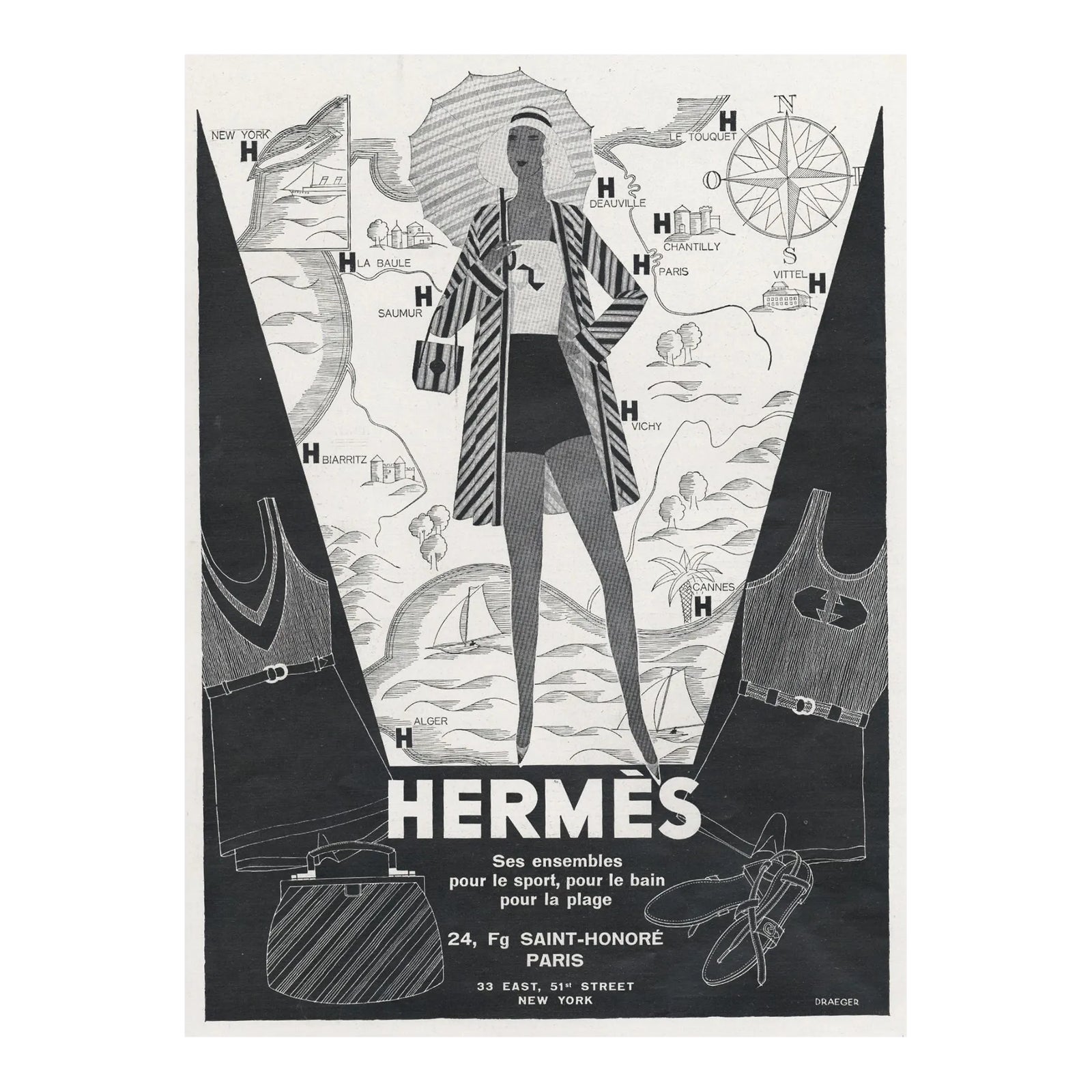 フランス雑誌L'ILLUSTRATION広告 1936年発行 HERMES 1930 French Hermès Advertisement Print-Beachwear, | Chairish