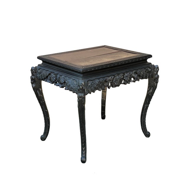 Vintage Chinese Black Relief Floral Carving Apron Claw Legs Side Console Table For Sale In San Francisco - Image 6 of 12