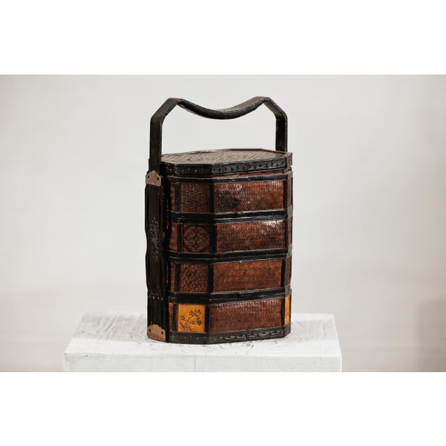 Mid 20th Century Chinese Hexagonal Four-Tier Woven Bamboo Basket with Carved Handle For Sale - Image 18 of 18