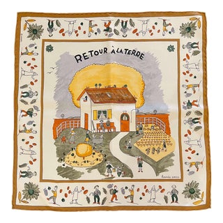 Vintage Hermes "Retour a La Terre" Silk Pocket Square With Original Square Box For Sale