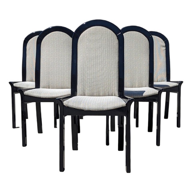 Set of Six Italian Postmodern Dining Chairs – Black Lacquer and Solid Wood, 1980s For Sale