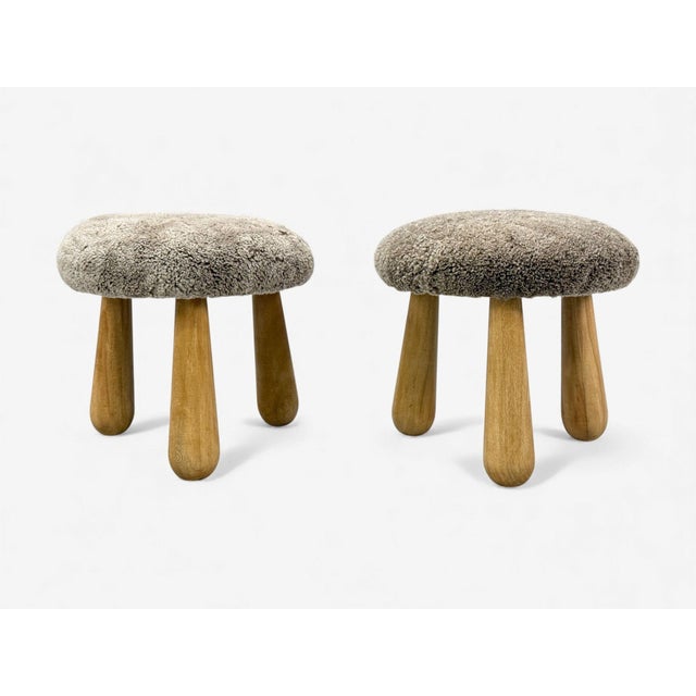 Danish Modern Style, Gray Sahara Sheepskin, Maple, Shearling Footstools or Ottomans, USA, 21st c. A one-of-a-kind pair of...