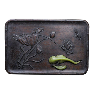 Chinese Red Huali Wood Tray With Jade Inlay Lotus & Fish Motif – Handcrafted Auspicious Serving Tray