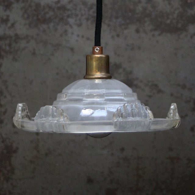 French Art Deco Brass and Etched Glass Pendant Light, 1920s For Sale - Image 3 of 11