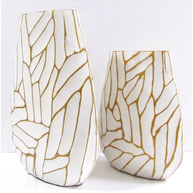 Metal Pair of Currey & Company Cast Aluminum Anika White With Gold Accent Vases For Sale - Image 7 of 11