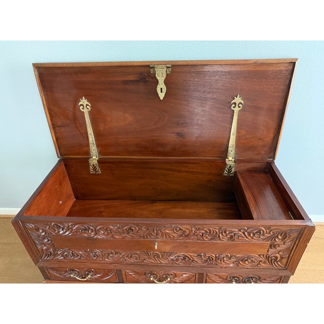 Coffee Hand-Carved Kenyan Solid Mahogany Hope Chest / Blanket Chest With Hidden Compartment For Sale - Image 8 of 11