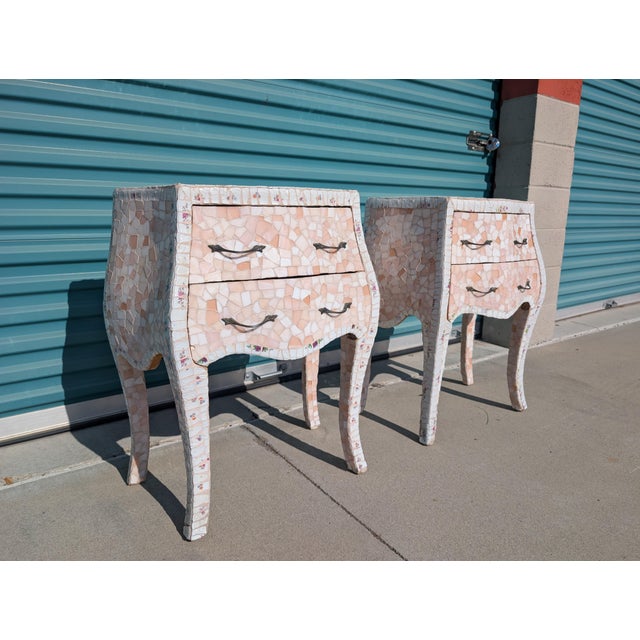 Beautiful vintage mosaic end tables/nightstands, sold as a pair. Unique white, blush, and peach mosaic finish with floral...