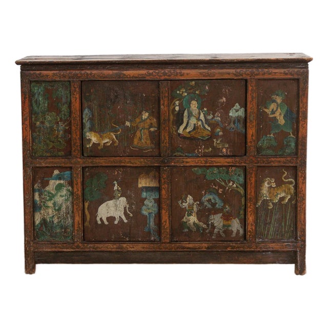 Antique Himalayas Hand-Painted Tibetan Cabinet For Sale