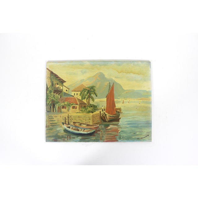 Fabulous nautical scene of a marina or dock with boats. The painting is in good vintage condition, but was varnished and...