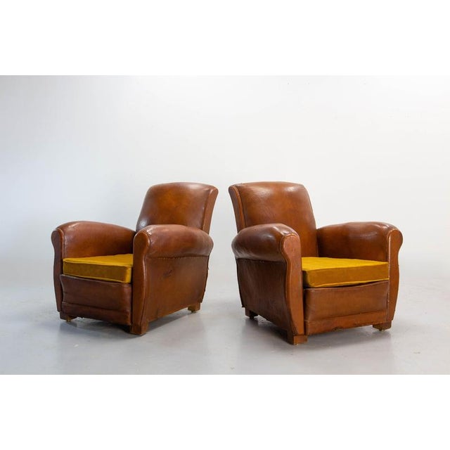 Antique French Club Armchair Fauteuil Cognac Leather and Fabric, 1930, Set of 2 For Sale - Image 3 of 16