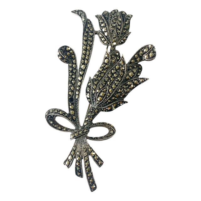 Vintage Silver Marcasite Pave Crystal Two Stemmed Tulip Flowers Brooch 2.75" H For Sale