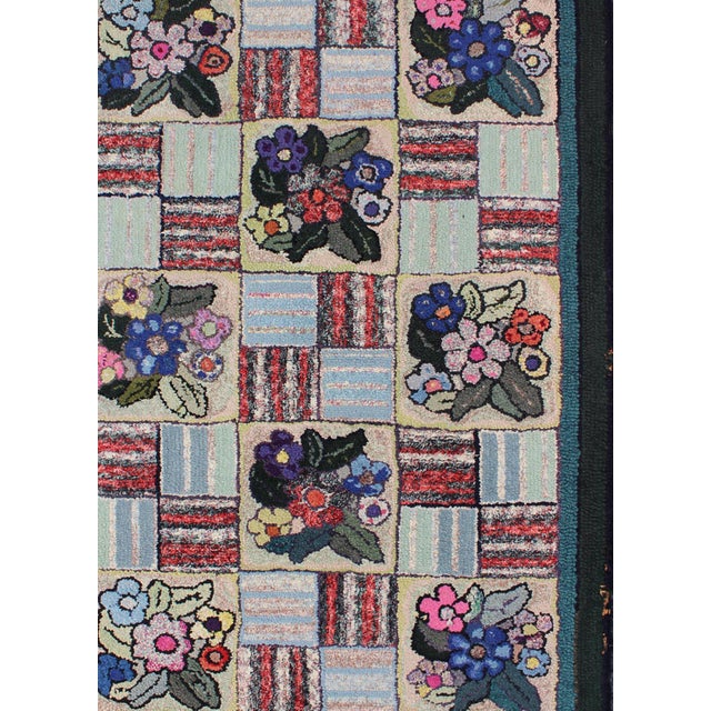 Measures: 3'1 x 4'8 Checkerboard Vintage American Hooked Rug with Geometric and Floral Designs. Checkerboard vintage...