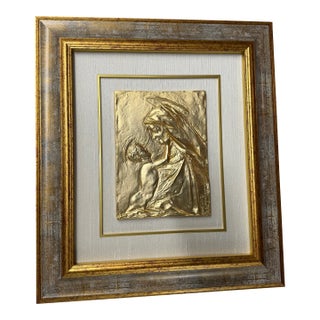 Late 20th Century Italian Framed Gold-Toned Relief Plaque of Madonna and Child by Sergio Verginelli. For Sale