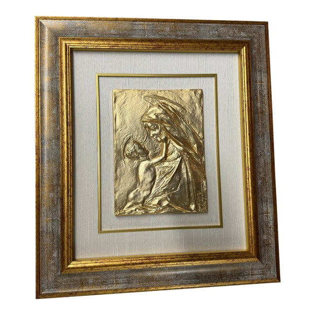 Late 20th Century Italian Framed Gold-Toned Relief Plaque of Madonna and Child by Sergio Verginelli. For Sale