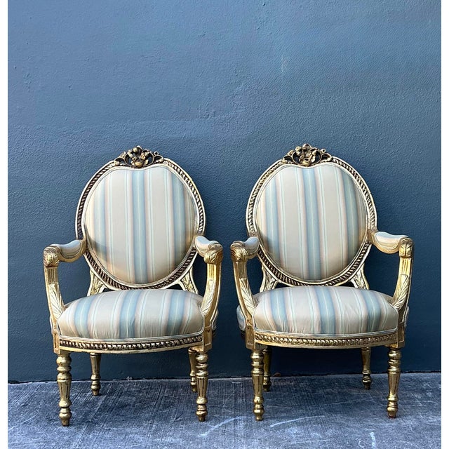 French Vintage Gilt Medallion Fauteuil Chairs - A Pair For Sale - Image 3 of 12