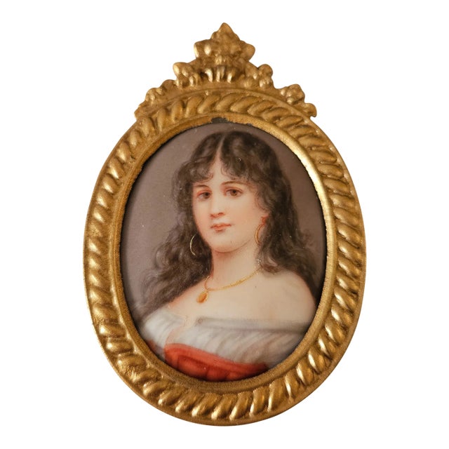 19th C Porcelain Miniature Portrait Young Woman W Dark Hair Signed Sherl For Sale