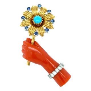 Mid 20th Century Cartier Paris, Diamond, Sapphire, Turquoise and Coral Hand With Flower Brooch For Sale