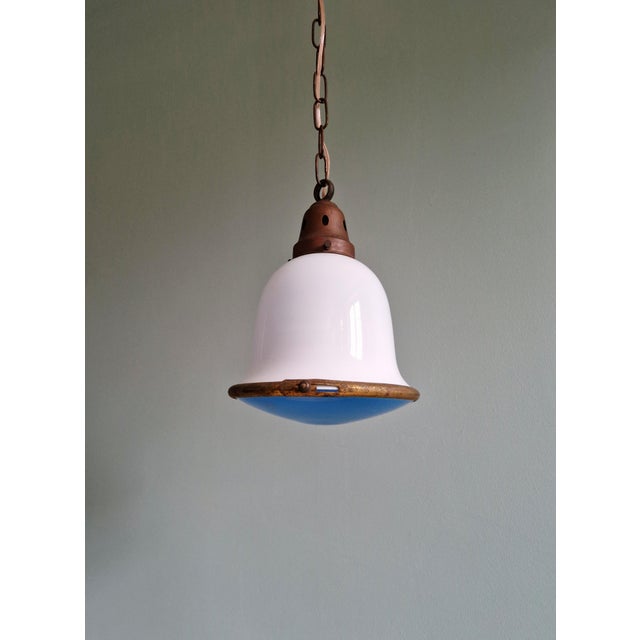 Metal Bauhaus Pendant Light in White Opaline and Blue Satin Glass, 1920s For Sale - Image 7 of 18