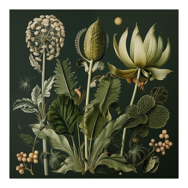 20' X 20' Original Watercolor Botanical Fine Art Print - Dark Green, Unframed For Sale