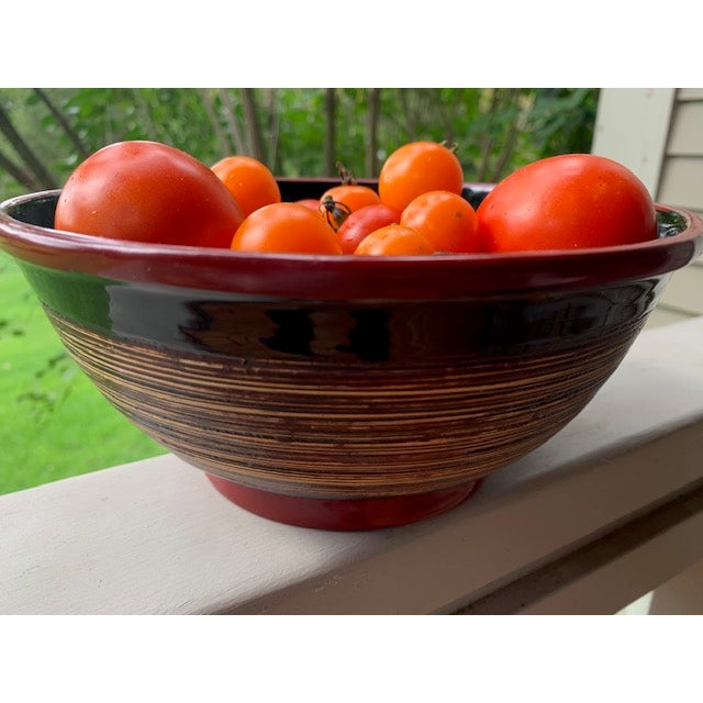 Contemporary Red Rim Bamboo Salad Bowl For Sale - Image 3 of 5