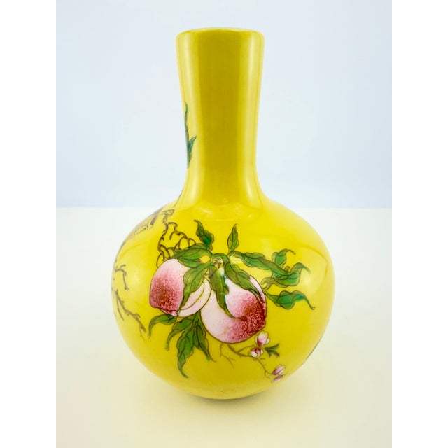 Ceramic Vintage Chinese Yellow Famille Rose Monkey & Peach Porcelain Vase For Sale - Image 7 of 12