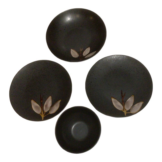 Asian Style, Black Ceramic Plates - Set of Four For Sale