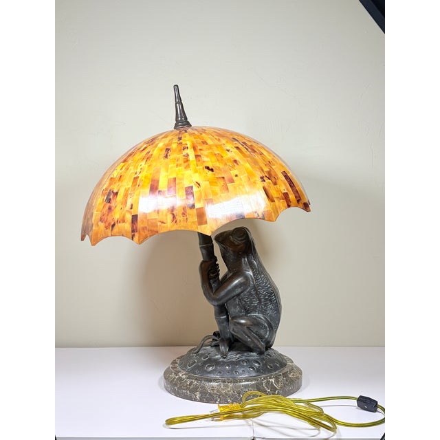 Art Deco Late 20th Century Maitland-Smith Figural Frog Umbrella Lamp-Stone Based-Mosaic Shade-Sculptural Lighting For Sale - Image 3 of 11
