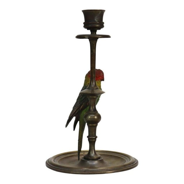 Pair Antique Brass Candlesticks & Cold Painted Bergman Bronze Parrots C1920 For Sale - Image 10 of 11