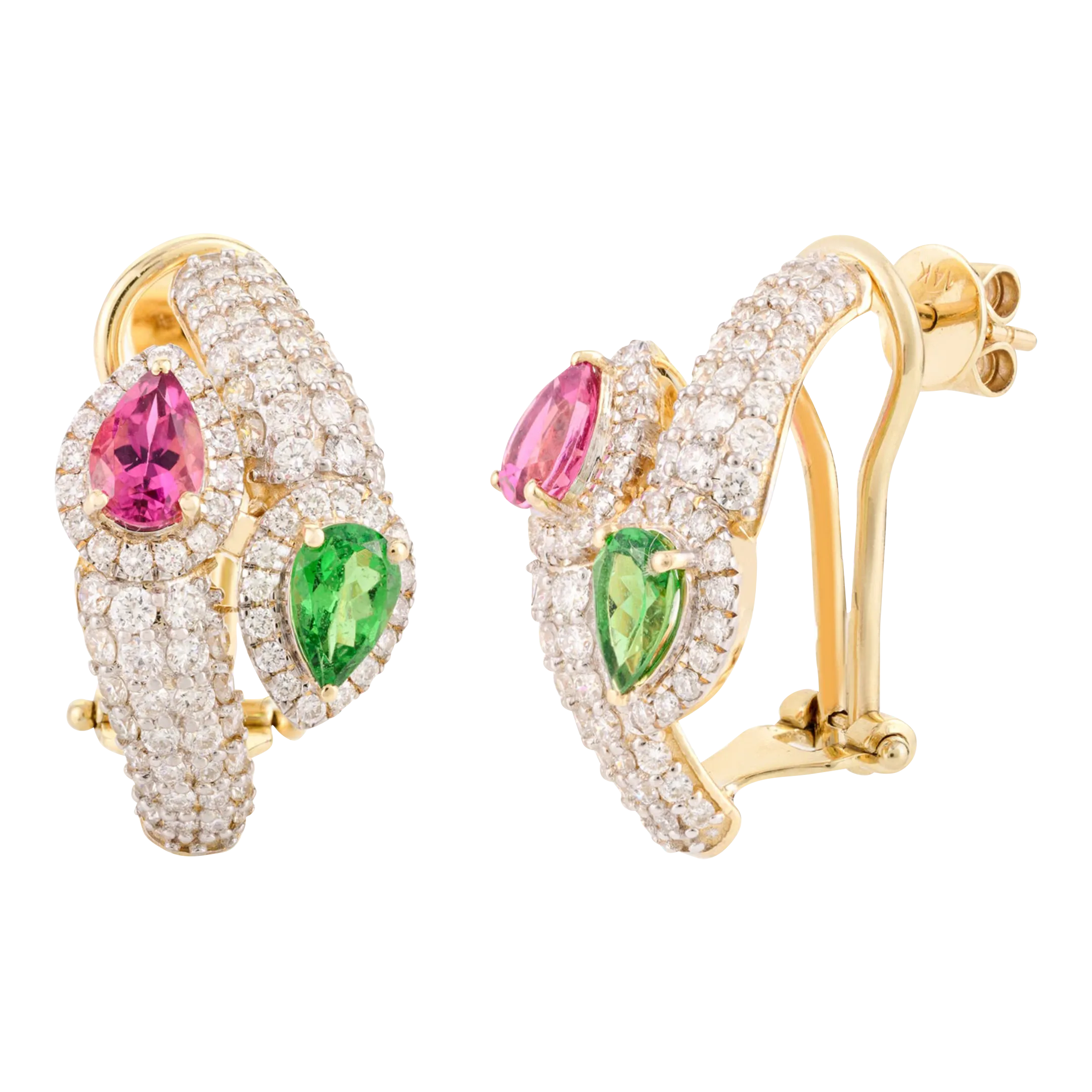 送料税込【AMY O】Gemstone Diamond Chain Earrings (2色)国内発 14K Gold Clover Diamond Chain Stud Earrings, Ethically