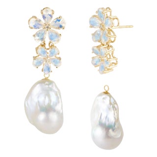 Nina Zhou Moonstone Diamond Blossom & Baroque Pearl Convertible Drop Earrings in 14k Yellow Gold - A Pair For Sale