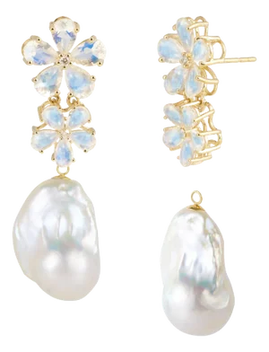 Nina Zhou Moonstone Diamond Blossom & Baroque Pearl Convertible Drop Earrings in 14k Yellow Gold - A Pair