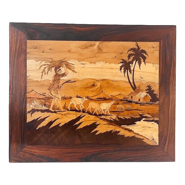 Vintage Native American Wood Inlay Landscape, 1940s For Sale